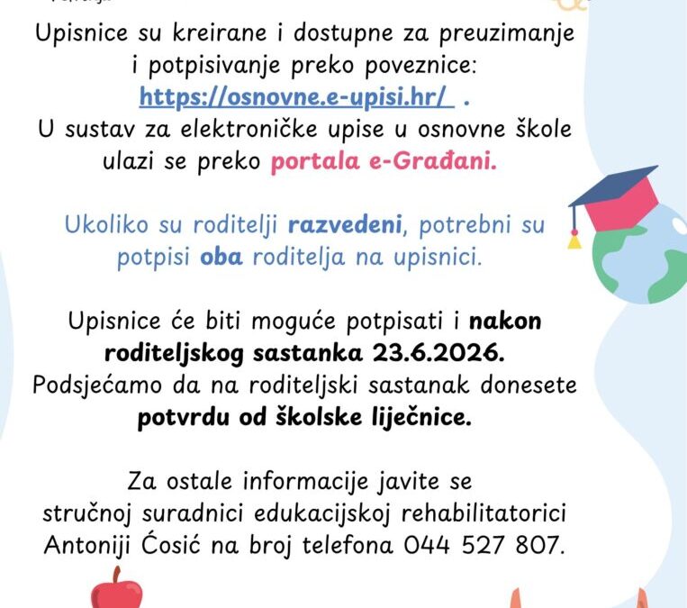 Obavijest za roditelje budućih prvašića